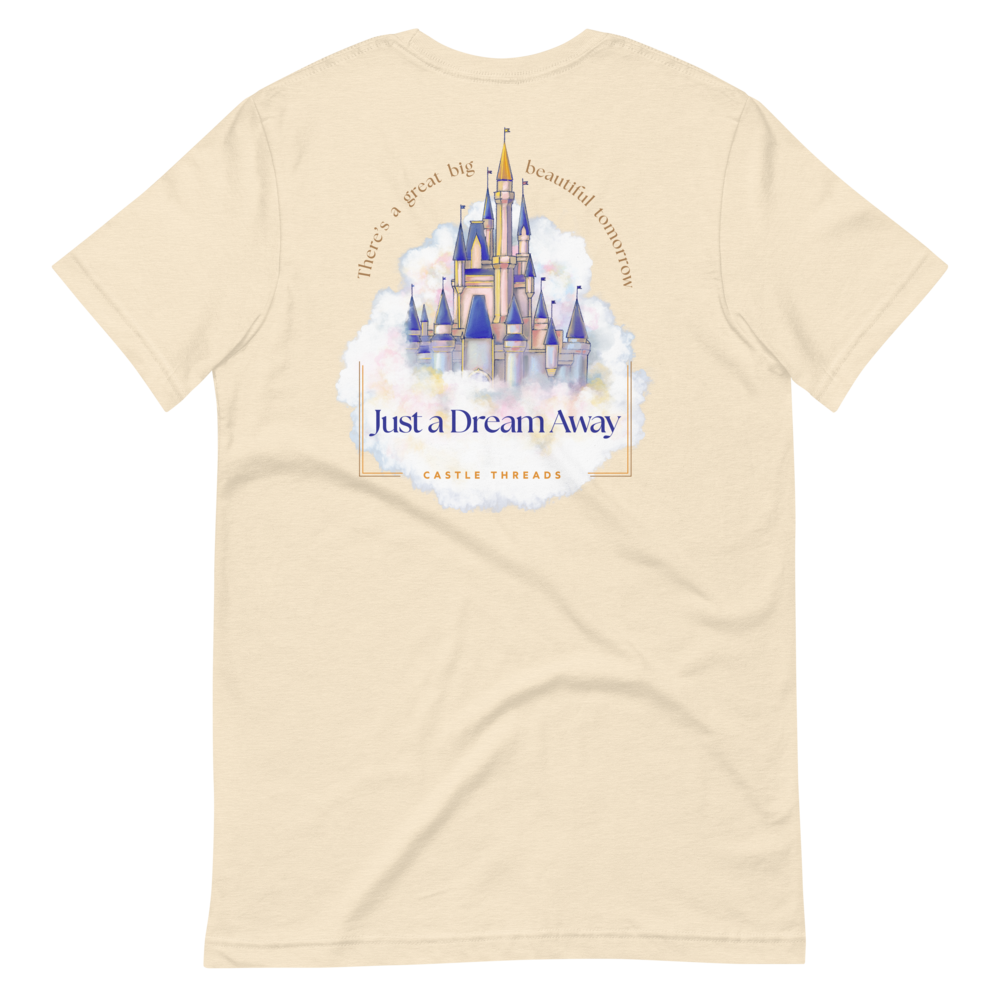 Beige t-shirt with castle graphic and text on the back