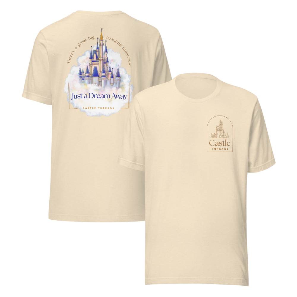 Beige t-shirt with castle design on front and back